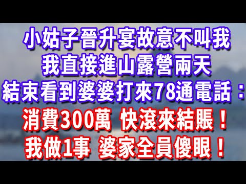 小姑子晉升宴故意不叫我，我直接進山露營兩天，結束看到婆婆打來78通電話：消費300萬，快滾來結賬！我做1事，婆家全員傻眼！#為人處世#生活經驗#情感故事#故事#小說#戀愛#情感#婚姻