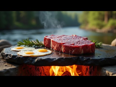 🥩 Primitive Cooking: Steak Ribeye on a Hot Stone in the Wild 🔥