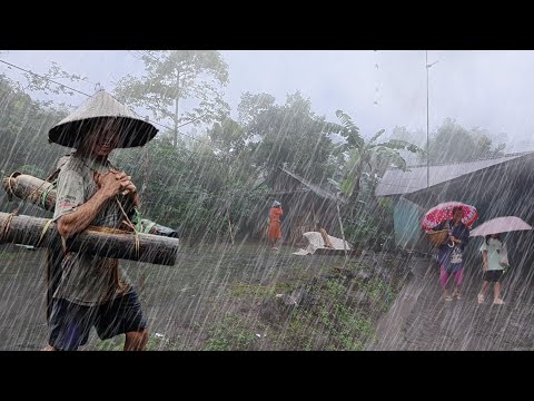 Walking in Heavy Rain Thunder and Strong Winds | Heavy Rain hit Indonesia's Villages | Rain to Sleep