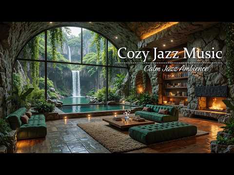 Cozy Jazz in a Forest Cave Living Room | Soft Jazz & Waterfall Sounds for Stress Relief