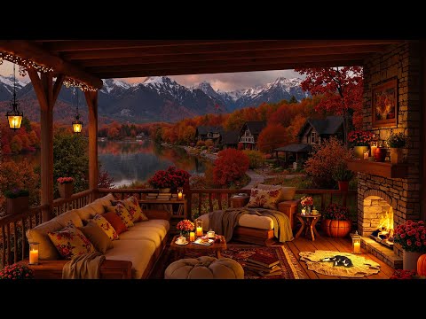 Relaxing Piano Jazz & Rain Sounds on Cozy Fall Porch 🍁 Fireplace Ambience for Sleep & Stress Relief