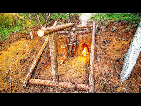 BUILDING a DUGOUT of SIX LOGS - PIT, WOODEN FRAME & CLAY FIREPLACE