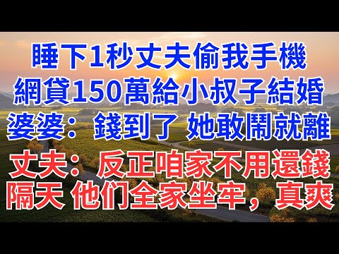 睡下1秒丈夫偷我手機，办網貸150萬給小叔子結婚，婆婆：錢到了！她敢鬧就離婚，丈夫：反正咱家一分錢不用還！隔天，他们全家坐牢，真爽！#為人處世#情感#小說#生活經驗#婆媳#家族恩怨