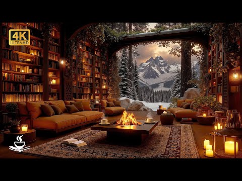Winter Library Jazz Escape with Soft Snowfall ❄️ Candle Glow Ambience for Calm Reading and Focus