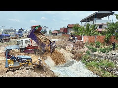Pour soil to clear the lake, Processing By Bulldozer MITSUBISHI BD2F, Dump Truck Unloading