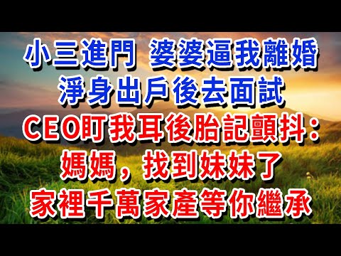 小三進門，婆婆逼我離婚，淨身出戶後去面試，CEO盯我耳後胎記顫抖：媽媽，找到妹妹了，家裡千萬家產等你繼承！#書婷講故事 #為人處世#生活經驗#情感故事#晚年哲理#說故事#完結文