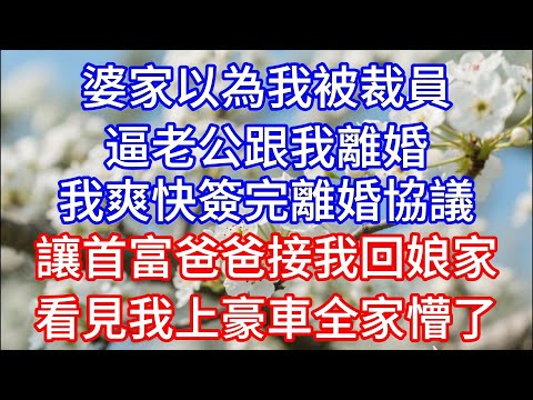 【爽文】婆家以為我被裁員，逼老公跟我離婚，我爽快簽完離婚協議，讓首富爸爸接我回娘家，看見我上豪車全家懵了#故事頻道 #情感故事 #人生感悟 #心灵感悟