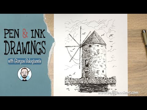 Greek Windmill by the Sea Ink Drawing – Highlights with ASMR sounds