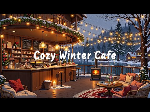 Cozy Winter Cafe | Peaceful Lakeside View Ambience with Jazzy Lo-fi Beats to Study, Work & Relax