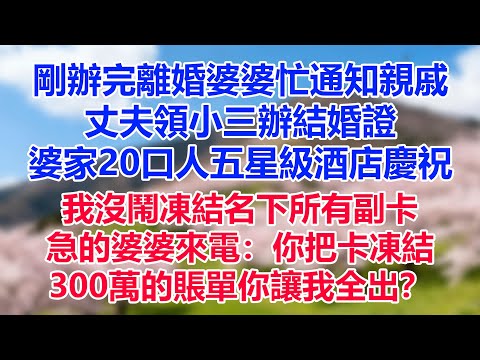 剛辦完離婚婆婆忙通知親戚，丈夫領小三辦結婚證，婆家20口人五星級酒店慶祝，我沒鬧凍結名下所有副卡，急的婆婆來電：你把卡凍結，300萬的賬單你讓我全出？#為人處世#生活經驗#情感故事