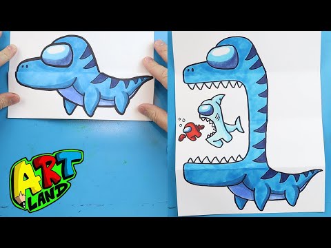 Drawing AMONG US MOSASAURUS Surprise Fold For Kids!