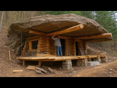 Built a Hidden and Warm Shelter in Winter Under a Big Stone
