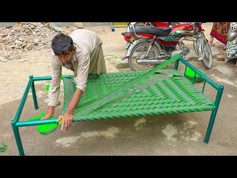 Amazing Technique Of Weaving a Cot | Wonderful Designed Nylon Rope Cot Weaving | Craftsman