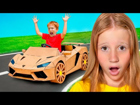 Nastya takes part in an exciting cardboard car challenge for kids