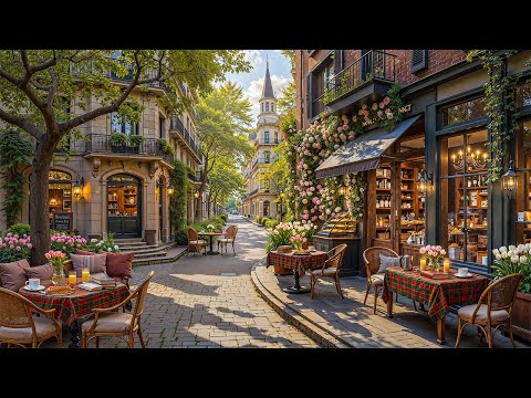Refreshing Spring Morning Ambience at Outdoor Coffee Shop 🌿 Soft Piano Jazz Music for Work, Study