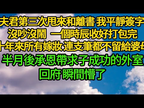 夫君第三次甩來和離書，我平靜簽字 沒吵沒鬧 ，一個時辰收好打包完成親十年來所有嫁妝 連支毛筆都不留給婆母，半月後承恩帶求子成功的外室回府 瞬間懵了