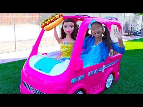 Wendy & Belle Pretend Play w/ Barbie Power Wheels Camper Food Truck Ride-on Toy