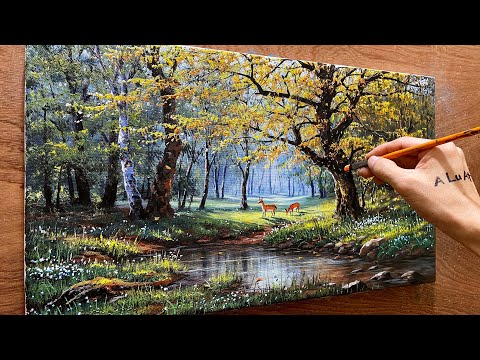 How to draw landscape painting"#55"/ Draw a forest scene / Acrylic landscape painting / A Lu Art