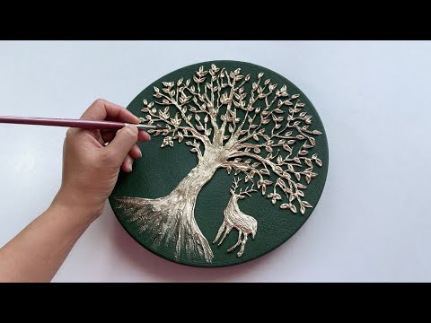 Tree Of Life | Tree and deer Texture painting On Clay plate | Gold Leaf Art | Vanoushe Art Tutorial