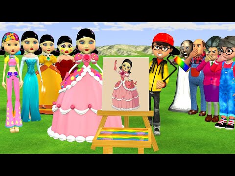 Scary Teacher 3D vs Squid Game Painting Candy Princess Dress Squid Game Doll 5 Times Challenge