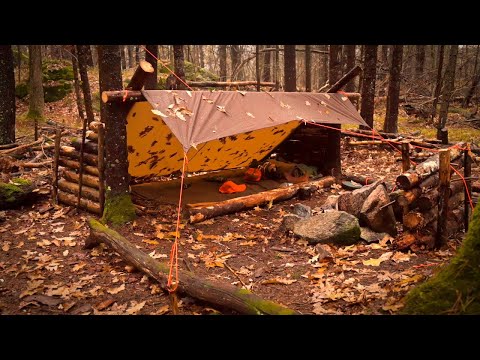 Canvas Tarp and Log Shelter Solo Overnight Camp. POURING RAIN With a Wool Blanket for Warmth.