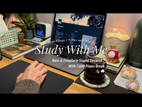 12-HR STUDY WITH ME 📚⏱️ [Pomodoro 50/10] Cozy Rain & Fireplace Session // Calm Piano Break