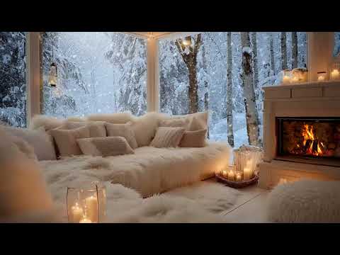 Peaceful Winter Piano Lounge Ambience | Snow Outside, Warm Fire Inside | Relax Focus Study