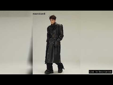 Mauroicardi Spring Autumn Long  Distressed Black Pu Leather Trench Coat Men Belt Double Breasted Lux