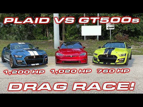 1,200 HP GT500 vs PLAID * Tesla Plaid Model S vs Ford Mustang Shelby GT500s 1/4 Mile Drag Race