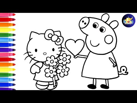 Draw And Color Peppa Pig And Hello Kitty Sharing Heart@dibujos-felices