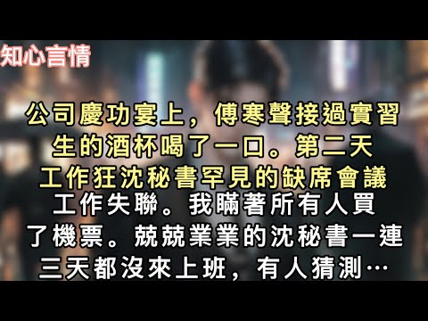 公司慶功宴上，傅寒聲接過實習生的酒杯喝了一口。第二天，工作狂沈秘書罕見的缺席會議，工作失聯。我瞞著所有人買了機票。兢兢業業的沈秘書一連三天都沒來上班…#一口氣看完 #追妻火葬場 #小說 