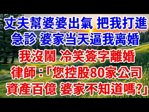 丈夫為了幫婆婆出氣 把我打進急診，婆家當天逼我離婚，我沒鬧 冷笑簽字離婚，律師：「您控股80家公司，資產百億 婆家不知道嗎？」#詩涵講故事#為人處世#生活經驗#情感故事#晚年哲理#說故事#原創故事