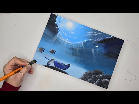 Beautiful stingray & sun rays painting with acrylic color/undersea painting