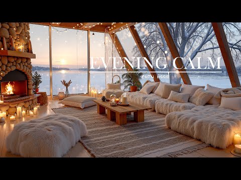 Soothing Winter Jazz ❄️ Candlelit Lakeside Cabin at Sunset | Cozy Fireplace & Snowy Evening Calm