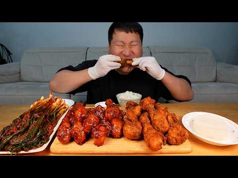 Cauldron-Fried Chicken with Freshly Made Green Onion Kimchi Combo - Mukbang eating show