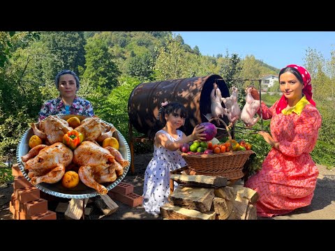 Cooking stuffed chickens on the fire and in barrels and coleslaw