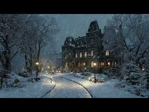 Snowfall Over Ivy-Covered Academy Walls – Dark Academia Focus Ambience