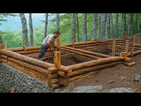 Man Building Dream Log Cabin Off Grid On The Mountain Rocks | Start To Finish.