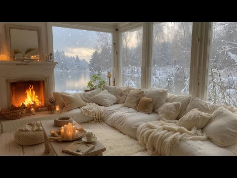 Warm Winter at the Cabin ❄️Smooth Piano, Falling Snow & Crackling Fireplace for Relaxing , Sleep