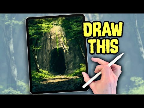EASY PROCREATE Landscape Drawing Tutorial - Woodland Cave