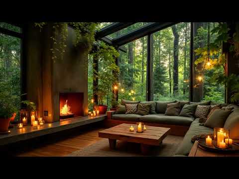 Cozy Forest Cabin Ambience 🌧️ Smooth Jazz & Rainy Night Fireplace for Instant Stress Relief