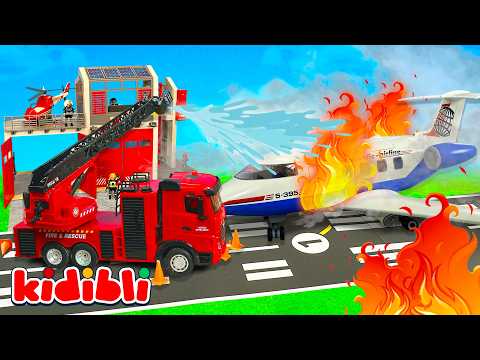 Toy Plane on Fire at the Airport ✈️🔥 Toys Firefighter Trucks & Rescue Vehicles for Kids | Kidibli