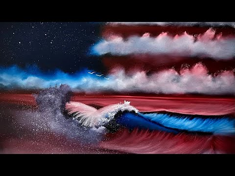 Painting 853 - July 4th - 3rd Show - American Flag Seascape on 24x30 black canvas. Version 4