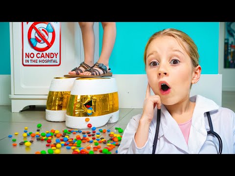 Nastya pretends to be a doctor and tells her patients about unhealthy eating habits