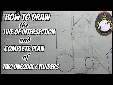 How to draw the line of intersection and complete plan of two unequal cylinders