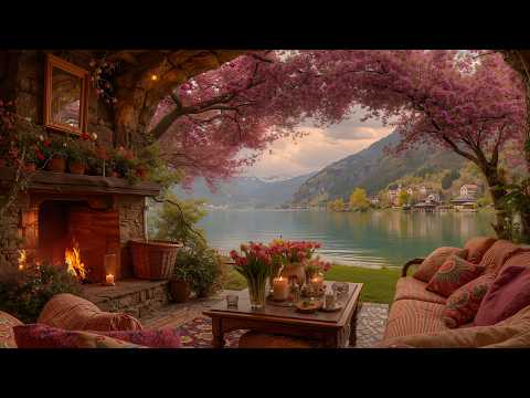 Peaceful Spring Afternoon by the Lake 🌺 Soft Piano & Crackling Fireplace for Work
