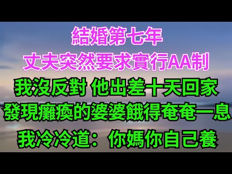 結婚第七年，丈夫突然要求實行AA製，我沒反對；他出差十天回家，發現癱瘓的婆婆餓得奄奄一息，我冷冷道：「你媽你自己養！」【阿馨夜讀】#故事分享#情感#婆媳矛盾#AA制