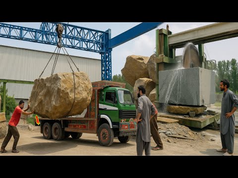 Massive Heavy Truck Unloading & Marble Slabs Manufacturing Process