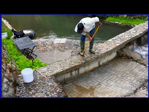 The man built a small bridge across the stream and renovated the stream bank with his own hands.