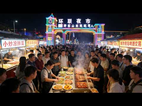 中國山東超級大夜市，數百種小吃美食，一米長的大肉串好看又好吃，風味茄子老闆表演顛鍋技術，芝士榴槤餅一口爆汁，鐵板雞架糖醋鹹甜多重口味，青島啤酒數十種口味可選#市集 #streetfood #中国美食